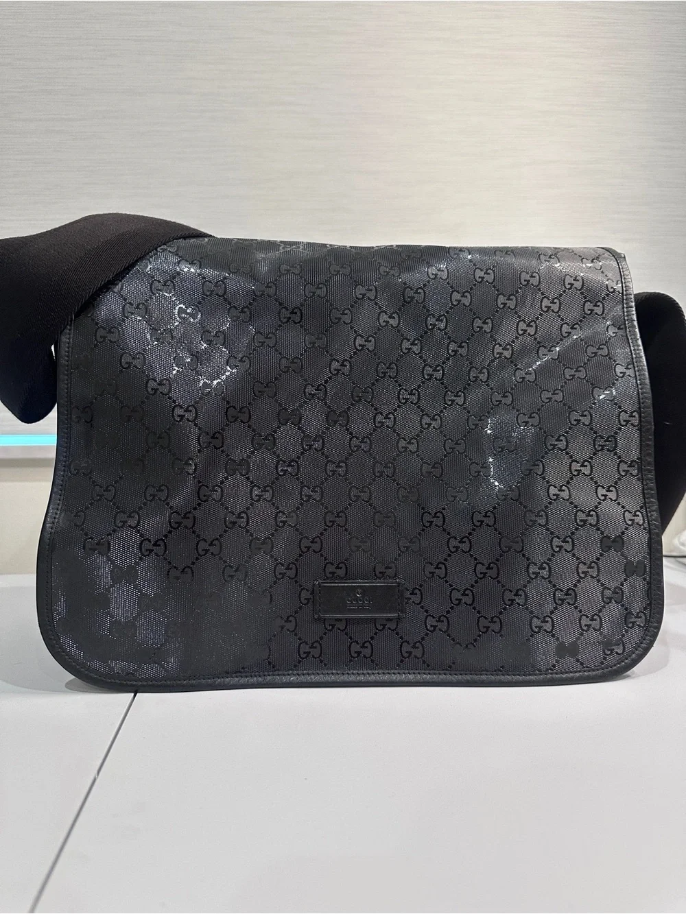 Authentic Gucci Imprime Black GG Monogram Diaper Bag/Messenger Satchel